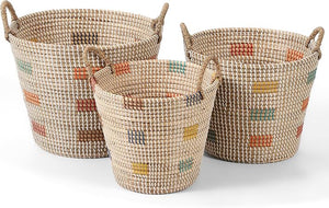 Seagrass Storage Basket Set of 4 – 2 Round & 2 Square Woven Bins with Handles
