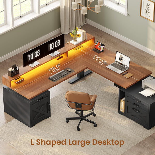 L-Shaped Electric Standing Desk with Drawers & Storage