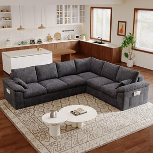 112" Modular Cloud Sectional Sofa, 6-Seater Chenille, Storage Ottoman