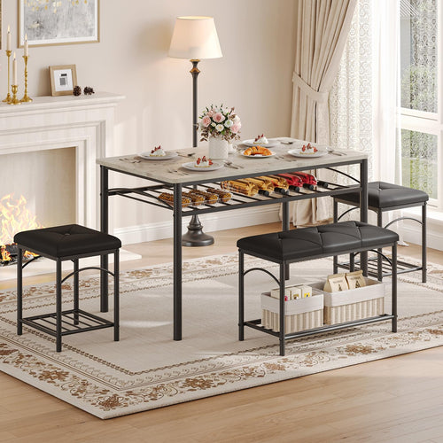 Dining Table Set for 4 with Benches & Stools