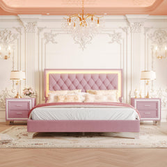 Queen Size LED Upholstered Platform Bed with 2 Nightstands – 3-Piece Bedroom Set