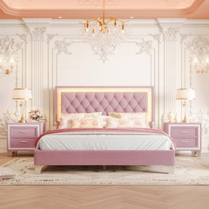 Queen Size LED Upholstered Platform Bed with 2 Nightstands – 3-Piece Bedroom Set