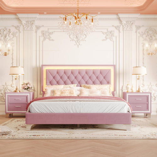 Queen Size LED Upholstered Platform Bed with 2 Nightstands – 3-Piece Bedroom Set