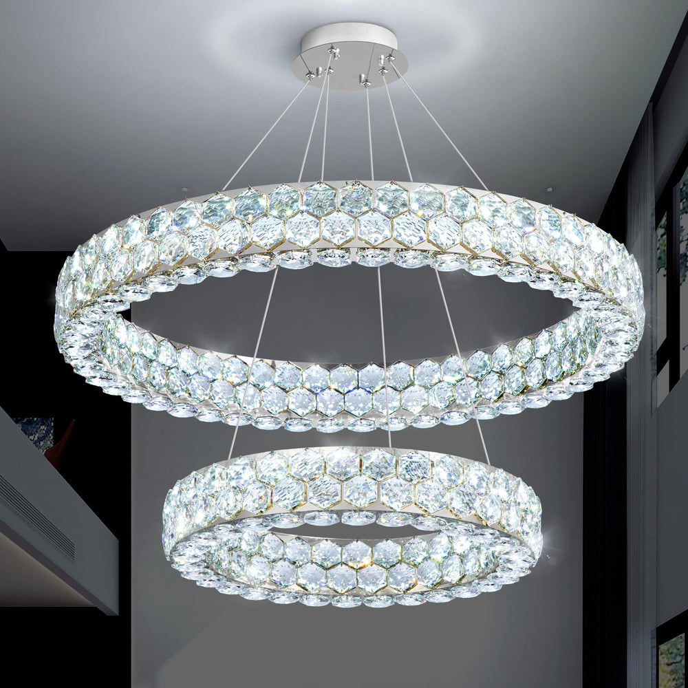 Dual Ring Crystal LED Chandelier – Dimmable Ceiling Light, Silver