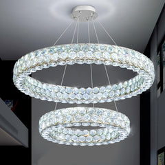 Dual Ring Crystal LED Chandelier – Dimmable Ceiling Light, Silver