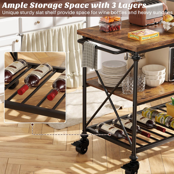 3-Tier Rolling Kitchen Island Cart with Pipe Legs