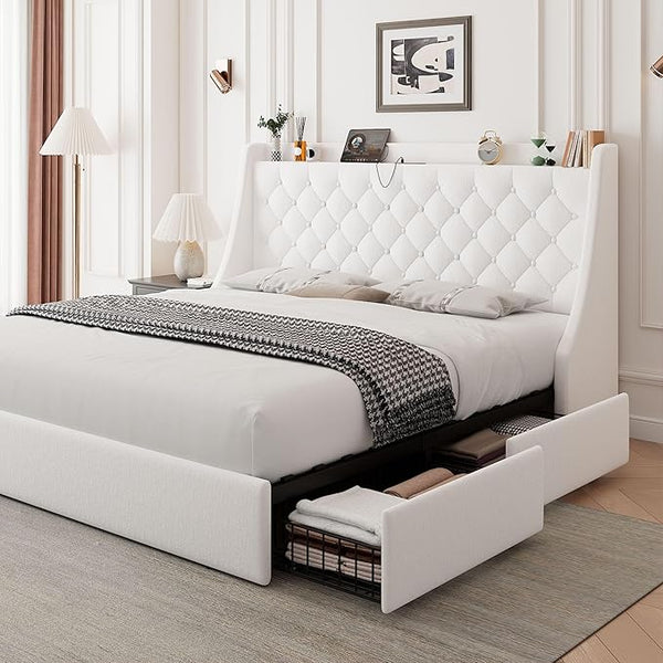 Upholstered Bed Frame with Storage Drawers & Charging Station