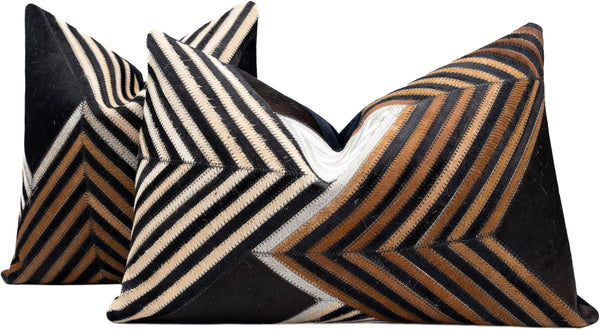 Genuine Cowhide Leather Patchwork Throw Pillow with Feather Down Insert