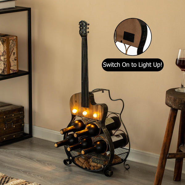 Guitar Shape 5-Bottle Wine Rack with LED Light & Cork Holder