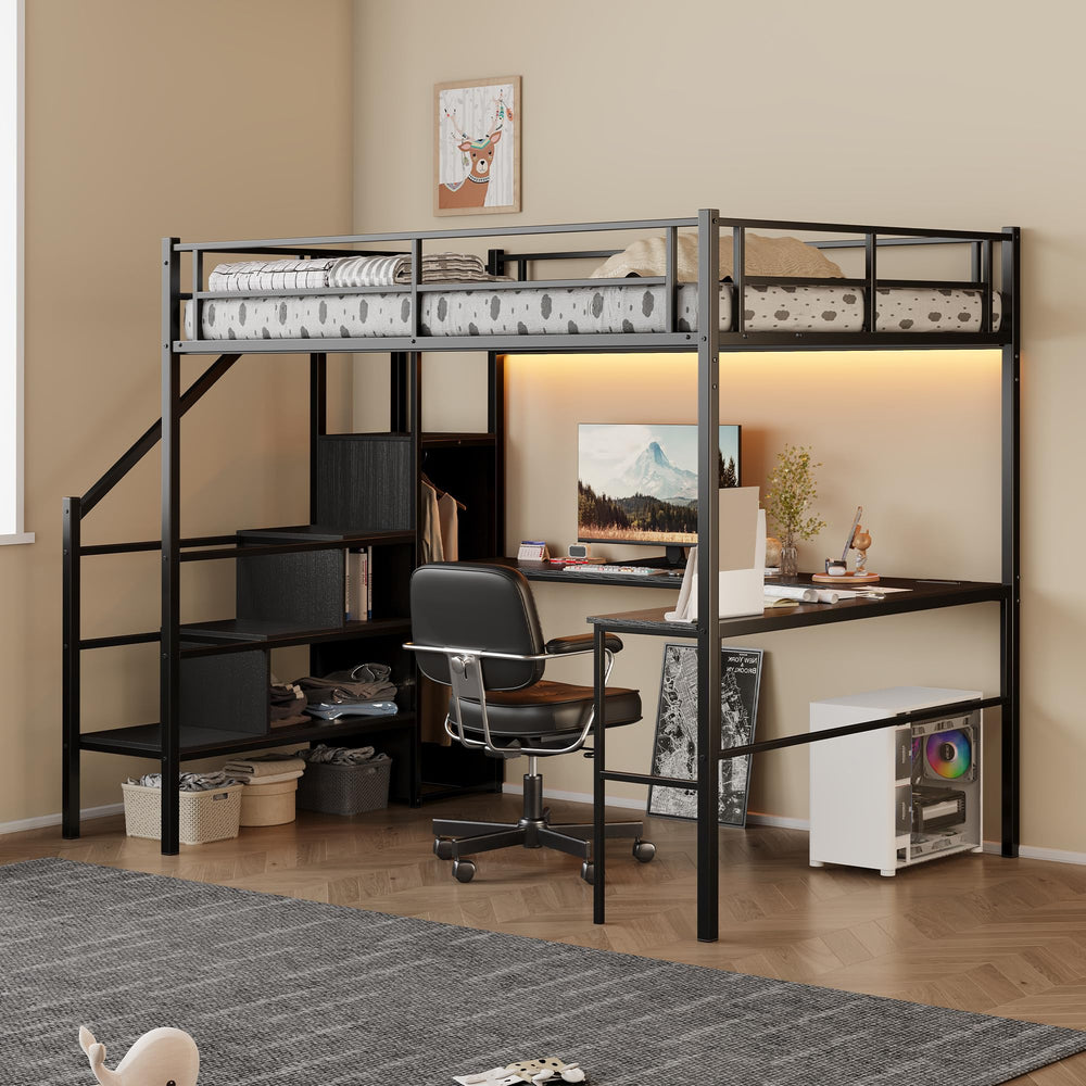 Full Size Metal Loft Bed with Desk, Storage & LED Light