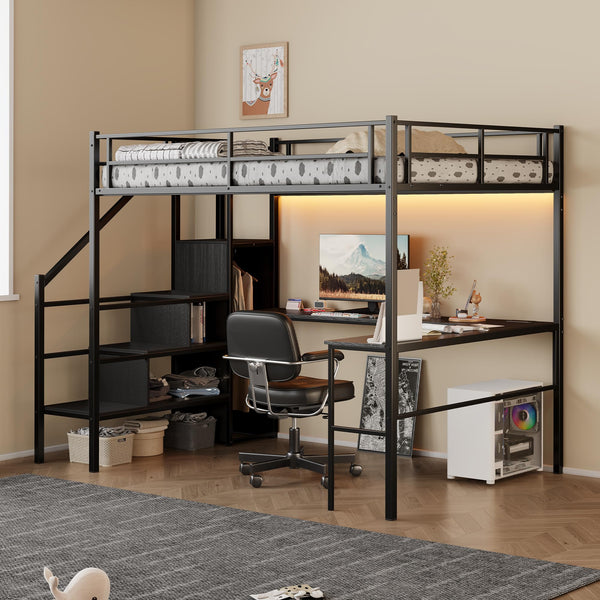 Full Size Metal Loft Bed with Desk, Storage & LED Light