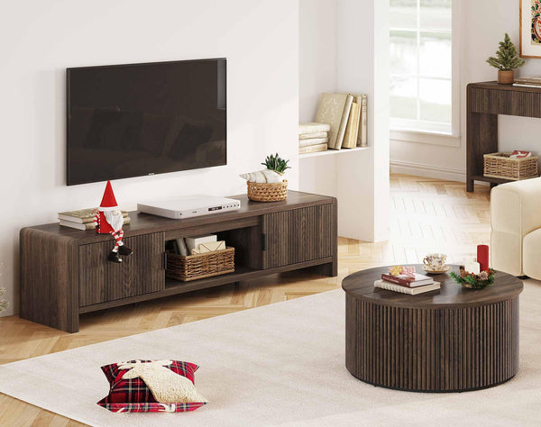 Mid Century Modern TV Stand with Waveform Fluted Doors, 63 Inch