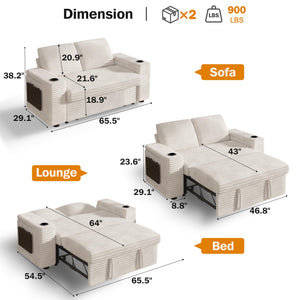 65" Loveseat Sleeper Sofa – 3-in-1 Convertible with Pull-Out Bed