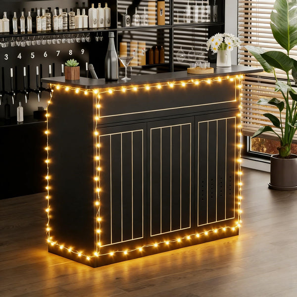 Home Bar Cabinet with Mini Fridge Space, Power Outlet & Wine Glass Holder