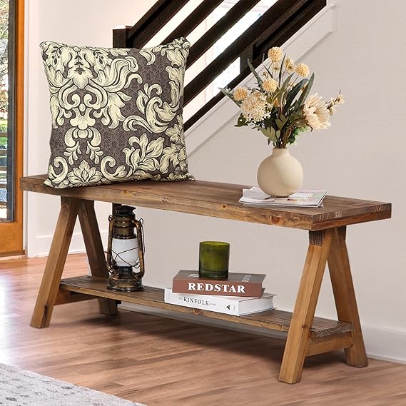 Solid Wood Farmhouse Bench – Rustic Indoor Entryway & Dining Bench