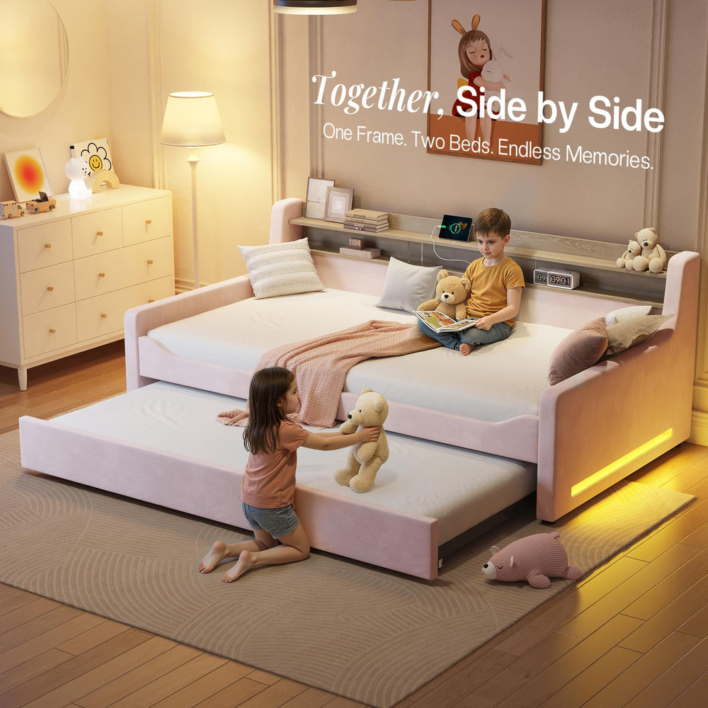 Twin Upholstered Daybed with Trundle, LED Light & Storage Headboard