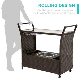 Rolling Wicker Bar Cart with Ice Bucket & Glass Top