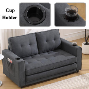 55" Convertible Loveseat Sofa Bed with Side Pockets & Cup Holder