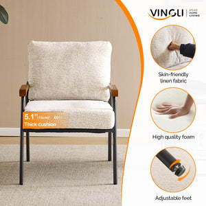 Mid-Century Modern Accent Armchair with Wood Armrests – Linen Upholstered Reading Chair