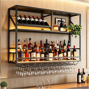 Wall Mounted Bar Shelf with LED & Wine Glass Rack