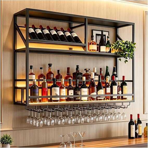 Wall Mounted Bar Shelf with LED & Wine Glass Rack