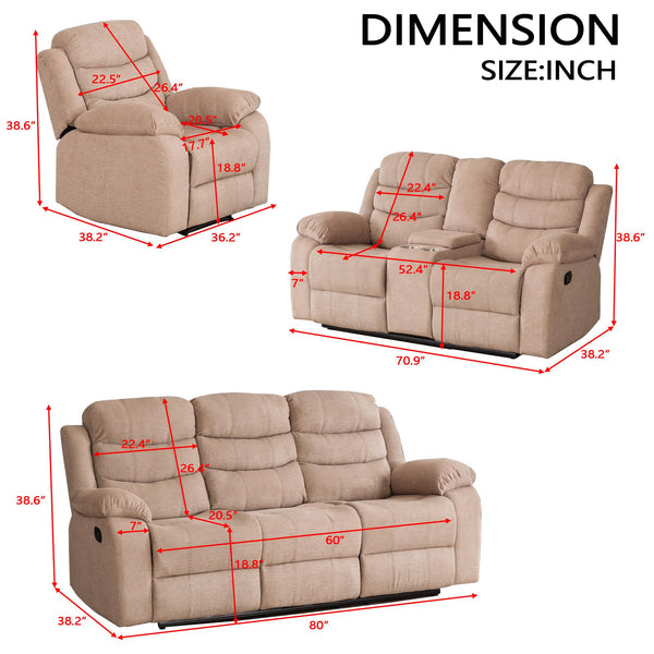 3-Piece Fabric Reclining Sofa Set with Light Strip & Storage