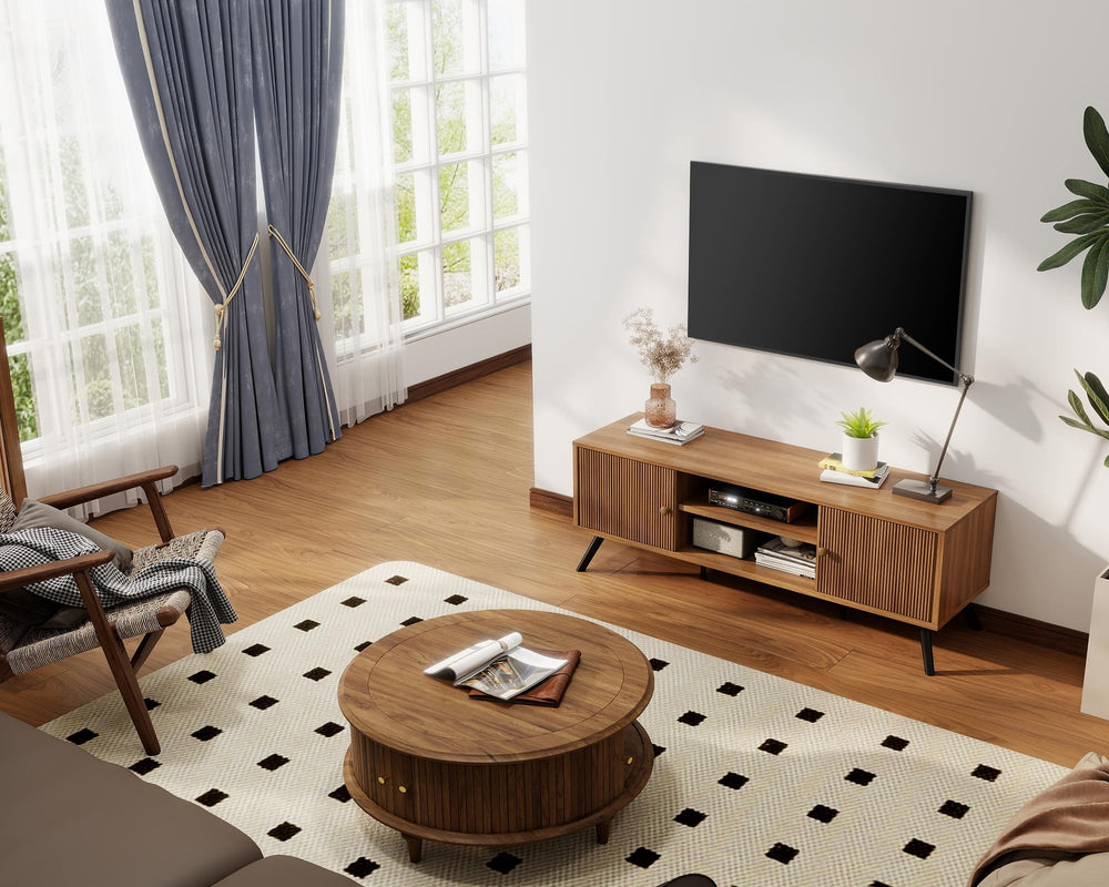 Mid-Century Modern TV Stand with Fluted Door Cabinets