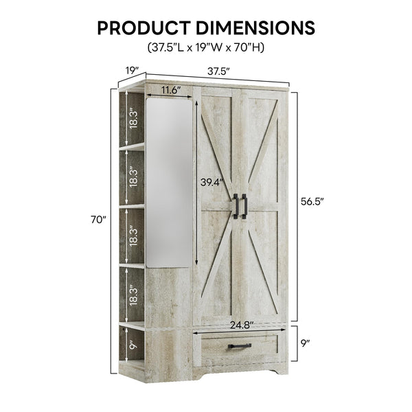 Armoire Wardrobe Closet with Mirror, 2 Doors, Drawer & Shelves – 70"