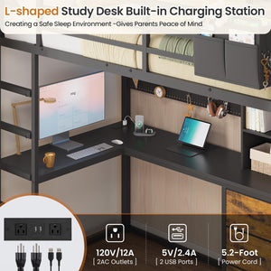 Twin Loft Bed with Desk, Storage & LED Lights