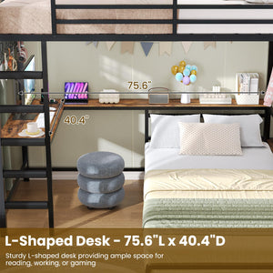 L-Shaped Twin Over Twin Bunk Bed with Storage, Desk & LED Lights