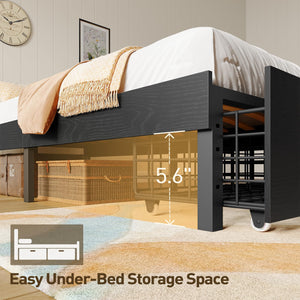 Bed Frame with 2 Storage Drawers and Wooden Slats, No Box Spring Needed