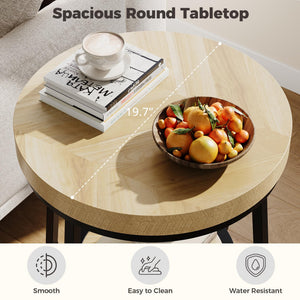 2-Tier Round Side Table with Storage Shelf, 19.7" Wood Tabletop & Curved Metal Legs, Light Brown
