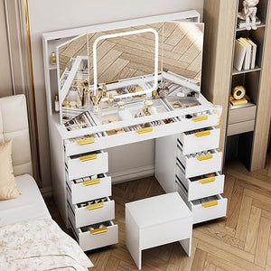 11-Drawer Vanity Desk with Foldable Mirror & LED Lights