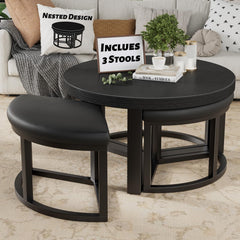 Round Coffee Table Set with 3 Nesting Stools — 30 Inch Modern Black