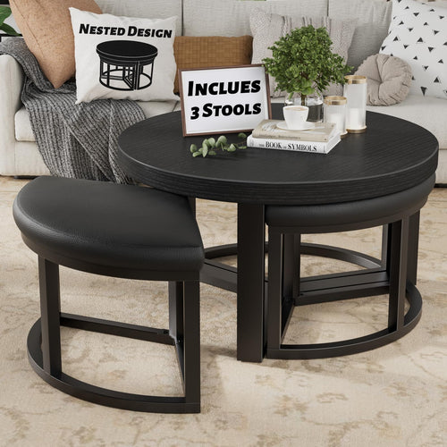Round Coffee Table Set with 3 Nesting Stools — 30 Inch Modern Black