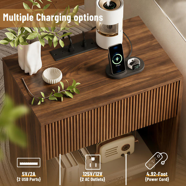 Fluted Nightstand Set of 2 with Charging Station
