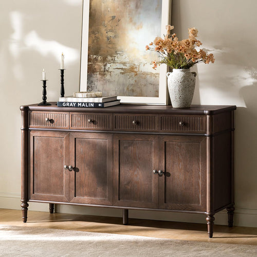 58" Wood Sideboard Cabinet with Fluted Drawers & 4 Doors