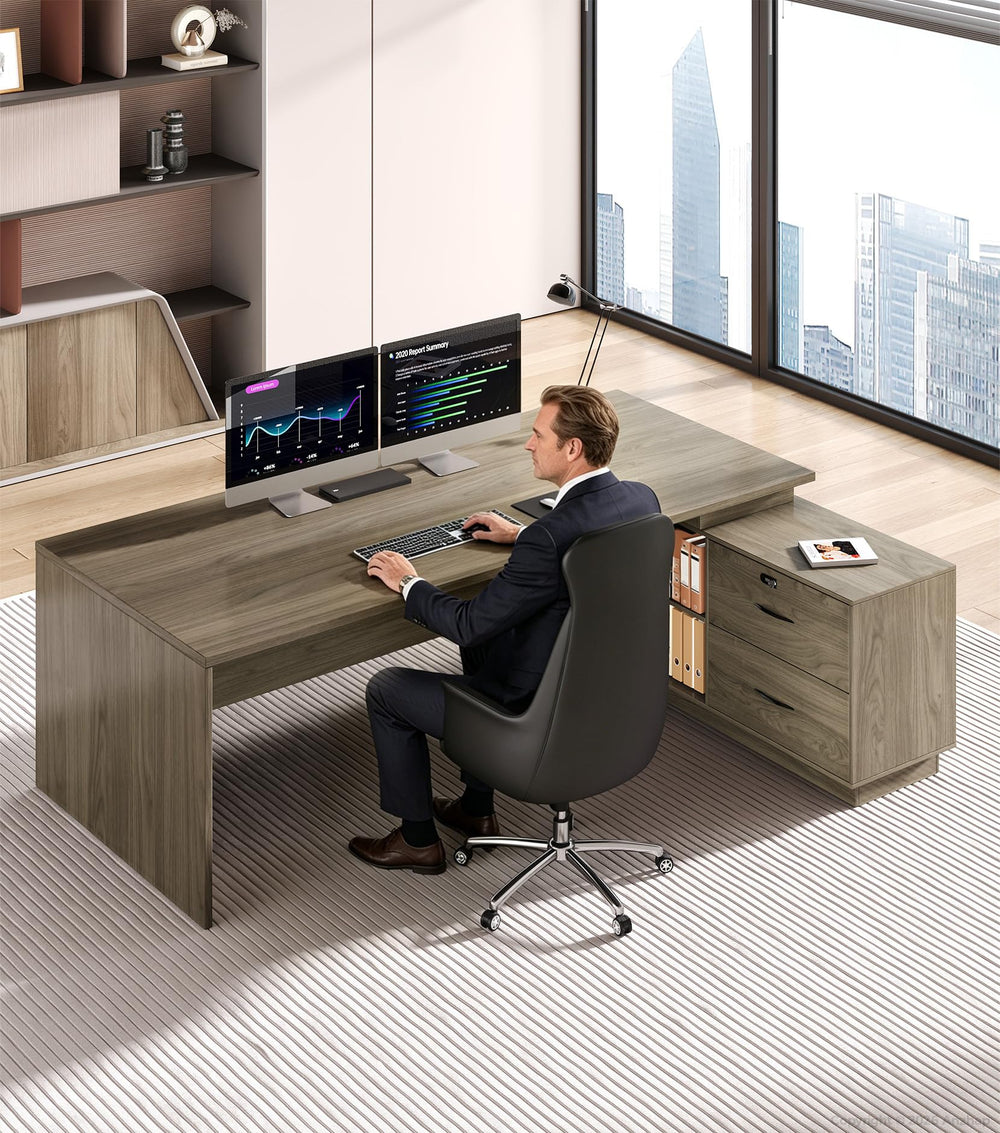 L-Shaped Executive Desk with Power Outlets & Storage