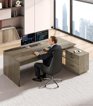 L-Shaped Executive Desk with Power Outlets & Storage