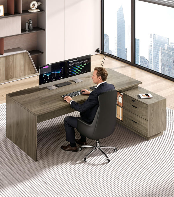 L-Shaped Executive Desk with Power Outlets & Storage