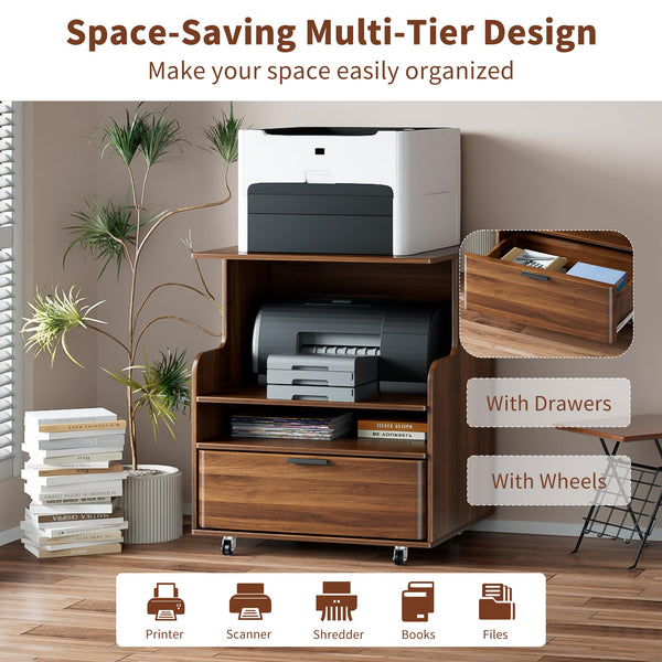 Rolling Printer Stand with Drawer & 3-Tier Storage Shelves