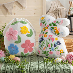 Easter Bunny & Egg Shaped Throw Pillow Set of 2 – Floral Embroidered Decorative Cushions