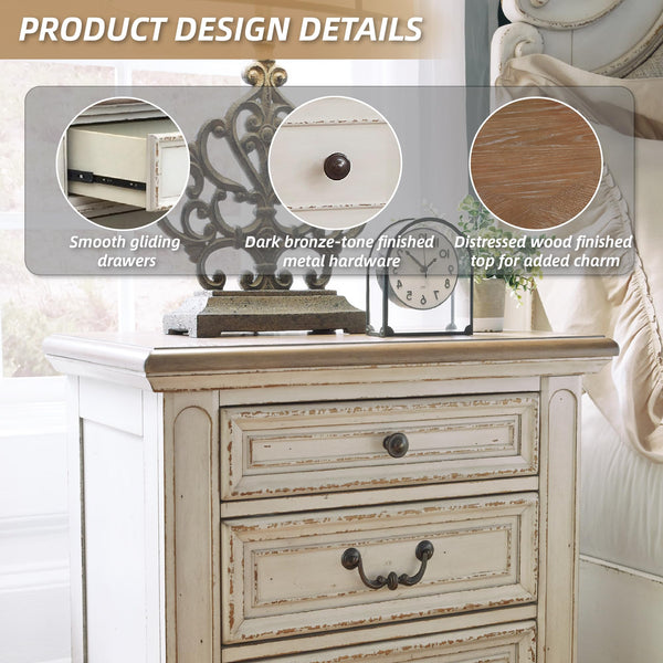 Chipped White Nightstand with Drawers & USB Charging