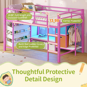 Twin Size Low Loft Bed with LED Lights, Bookshelf & Storage