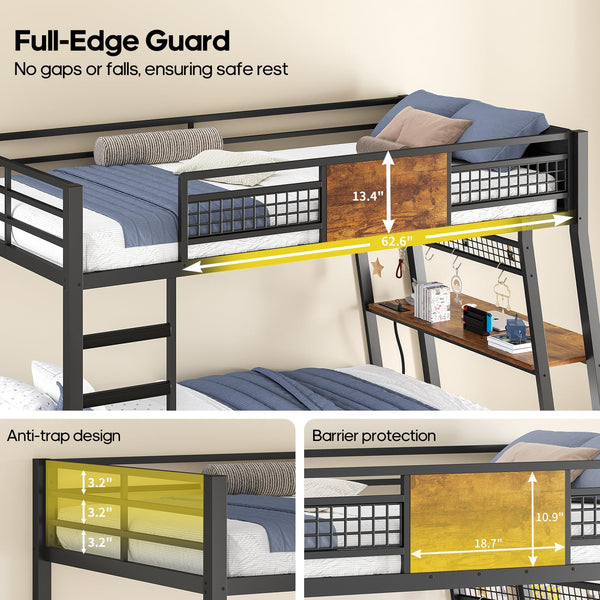 Twin Over Twin Bunk Bed with Desk, LED Lights & Power Outlets