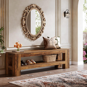 59" Entryway Bench with Storage Shelf, Rustic Brown