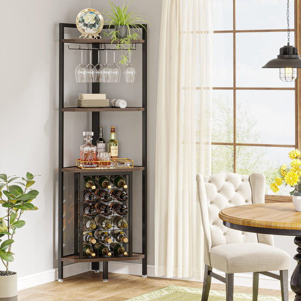 4-Tier Industrial Corner Wine Rack with Glass Holders – Rustic Brown