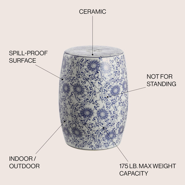 Lotus Blossom Chinoiserie Ceramic Drum Garden Stool