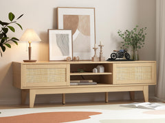 Rattan TV Stand with Sliding Doors & Open Shelves