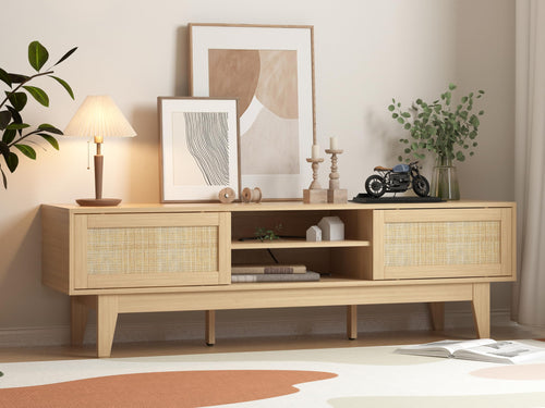 Rattan TV Stand with Sliding Doors & Open Shelves
